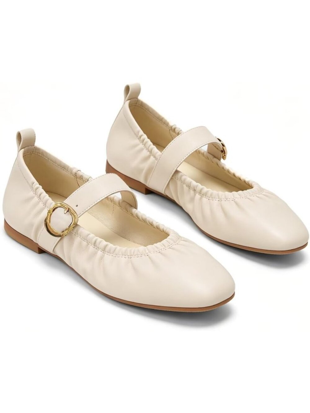 Women's Suede Cream White Round Toe Gold Buckle Strap Flat Slip On Comfort Shoes
